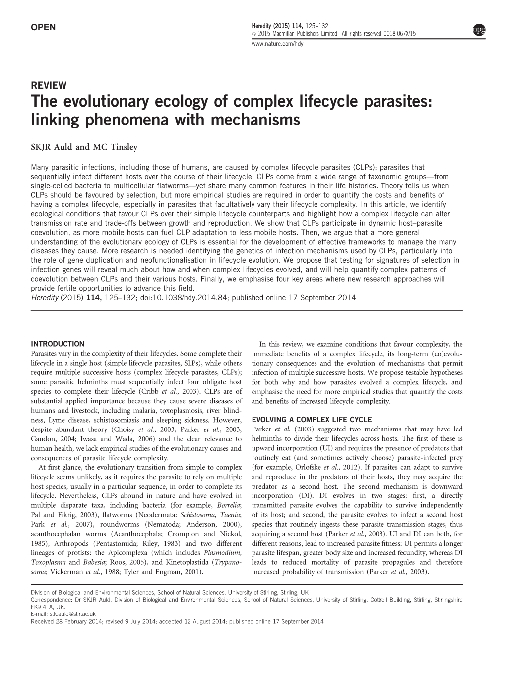 The Evolutionary Ecology of Complex Lifecycle Parasites: Linking Phenomena with Mechanisms