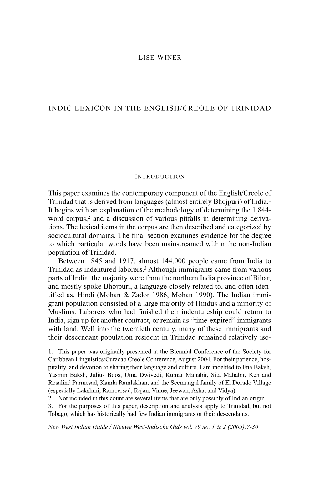 Indic Lexicon in the English/Creole of Trinidad This Paper Examines The