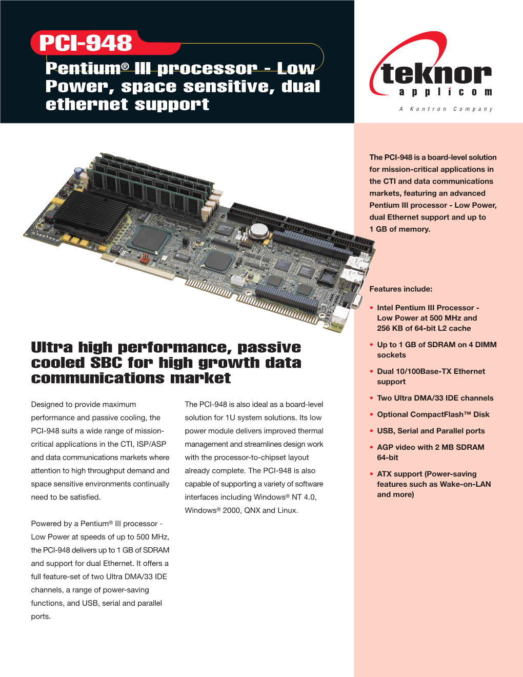 PCI-948 Pentium® III Processor - Low Power, Space Sensitive, Dual Ethernet Support