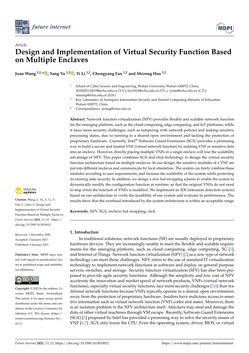 Design and Implementation of Virtual Security Function Based on Multiple Enclaves