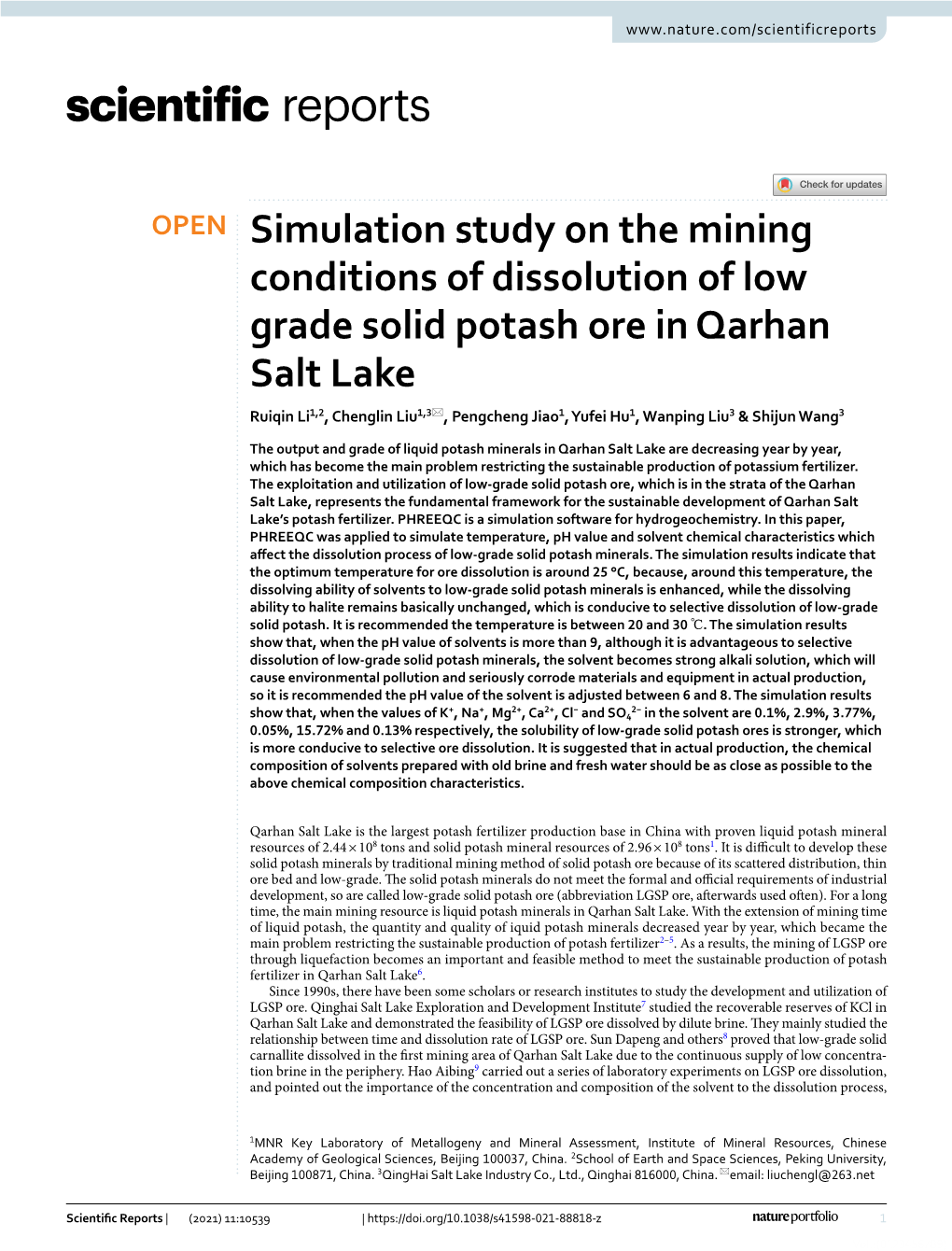 Simulation Study on the Mining Conditions of Dissolution of Low