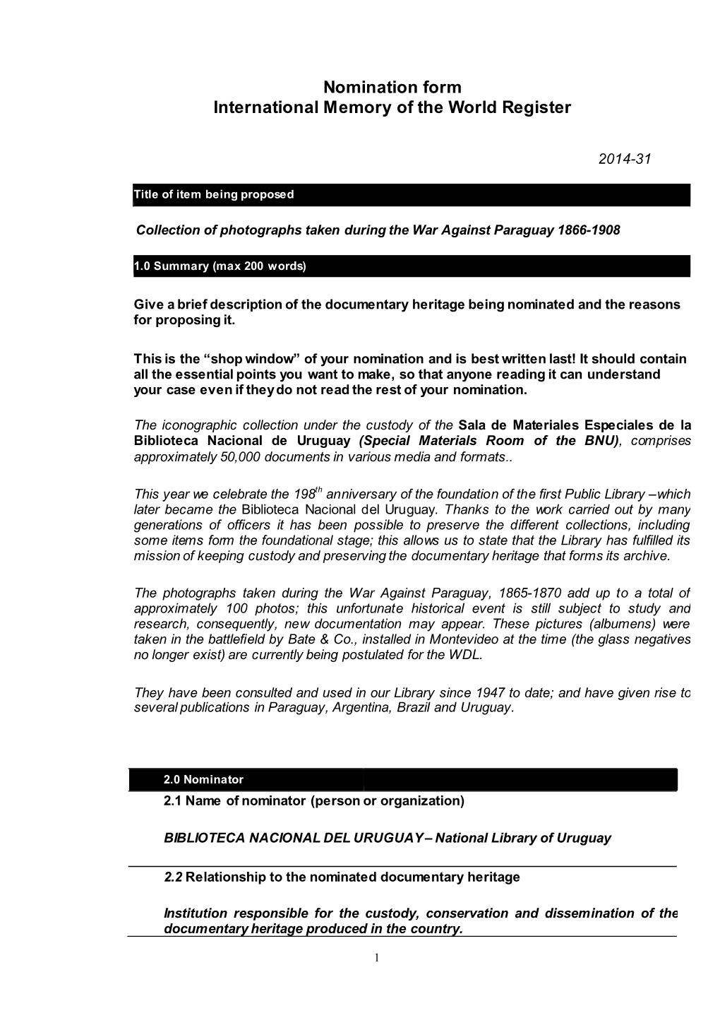 Nomination Form International Memory of the World Register