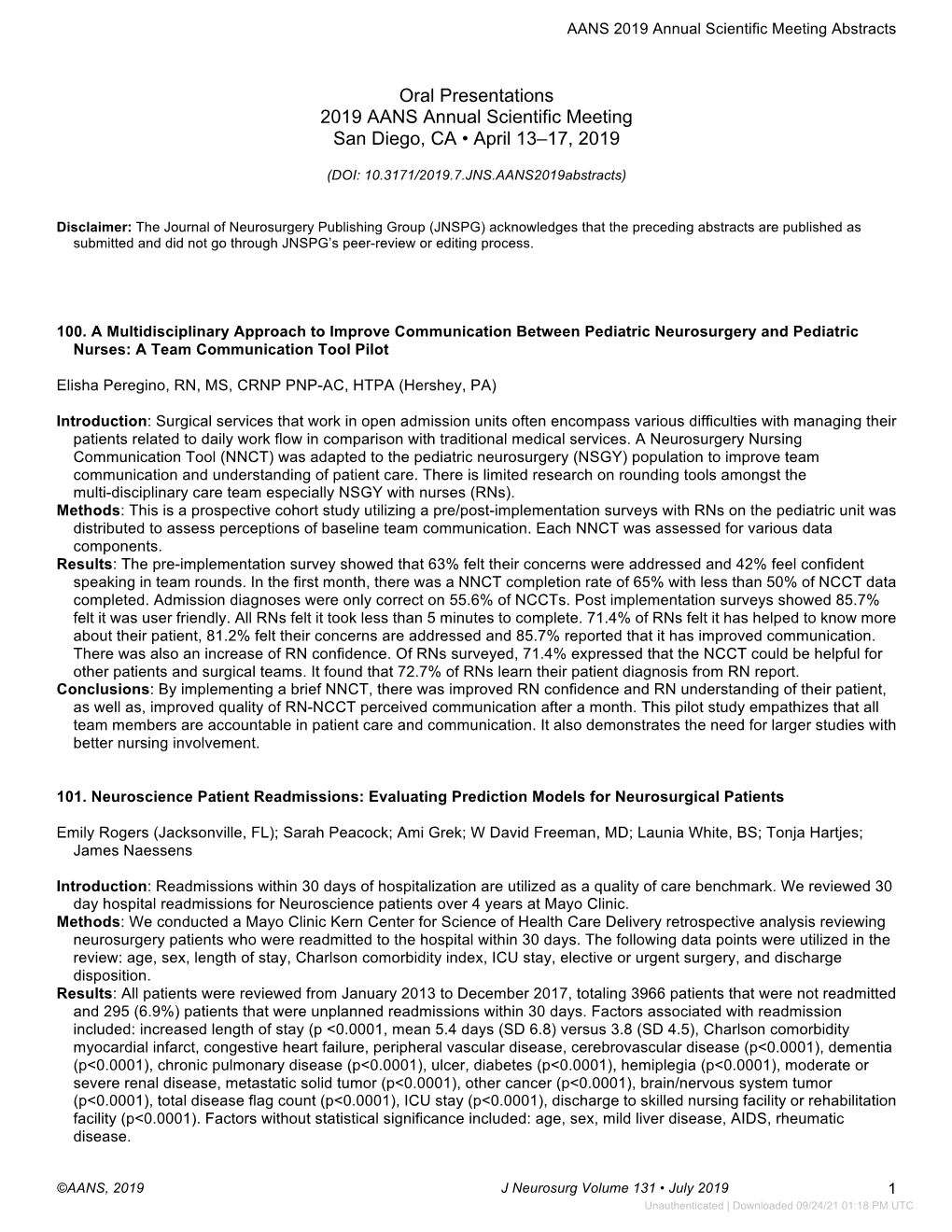 Oral Presentations 2019 AANS Annual Scientific Meeting San Diego, CA • April 13–17, 2019