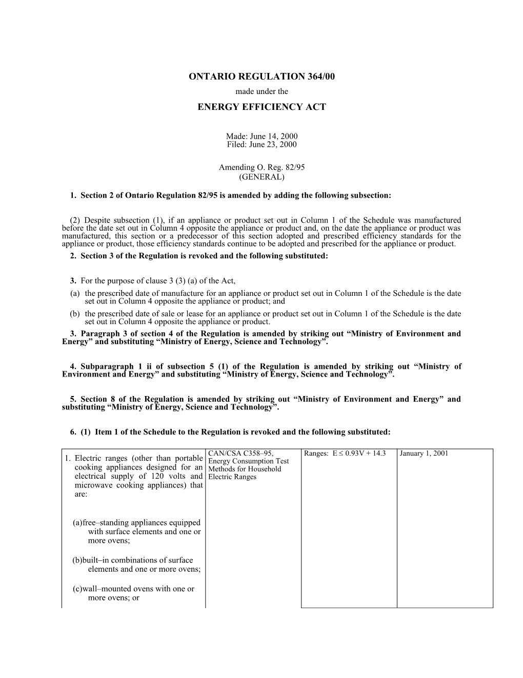 ENERGY EFFICIENCY ACT - O. Reg. 364/00