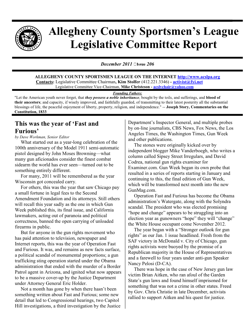 Allegheny County Sportsmen's League Legislative Committee Report