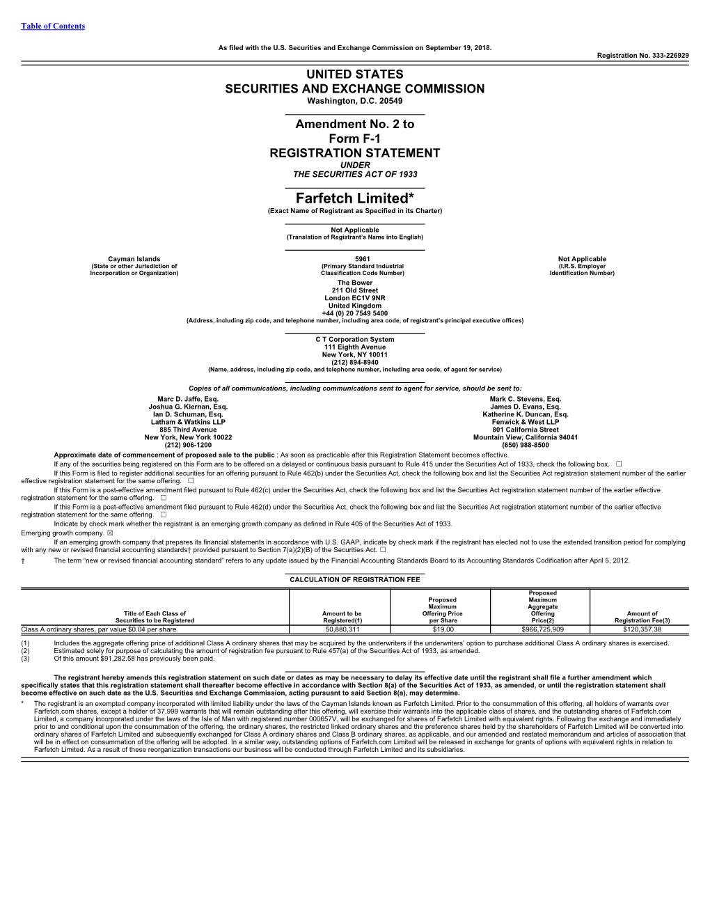 Farfetch Limited* (Exact Name of Registrant As Specified in Its Charter)