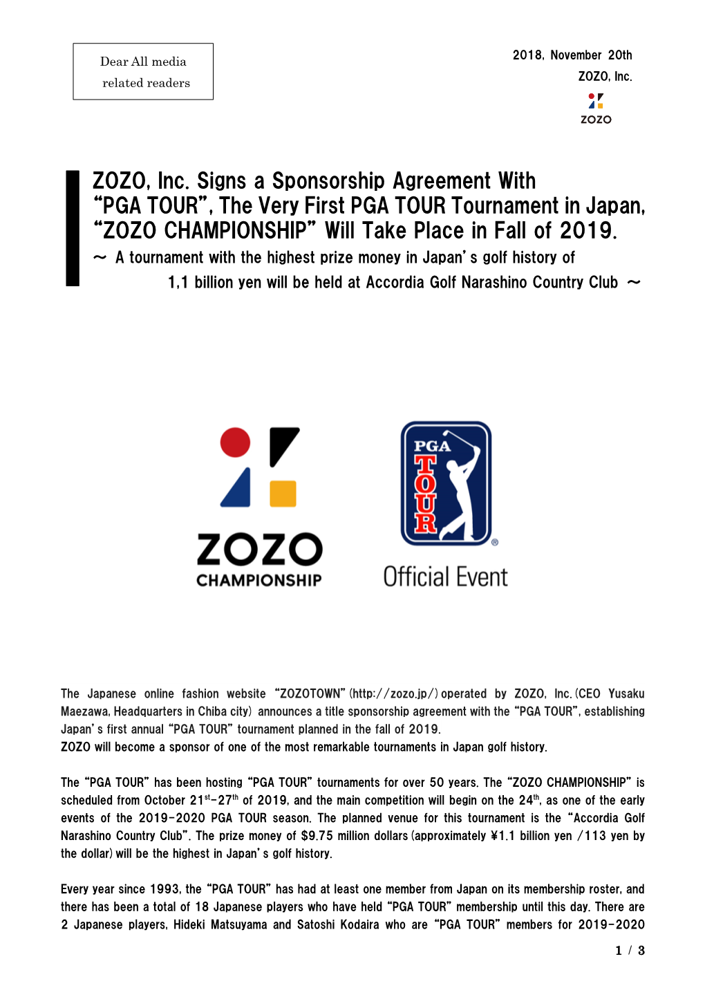 PGA TOUR”, the Very First PGA TOUR Tournament in Japan, “ZOZO CHAMPIONSHIP” Will Take Place in Fall of 2019