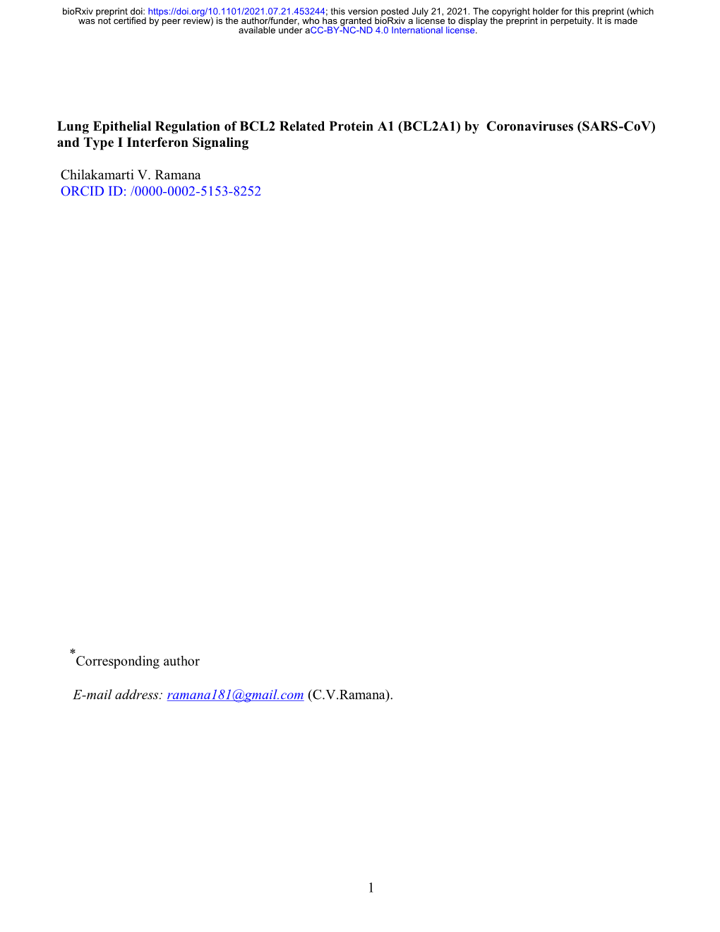 Lung Epithelial Regulation of BCL2 Related Protein A1 (BCL2A1) by Coronaviruses (SARS-Cov) and Type I Interferon Signaling