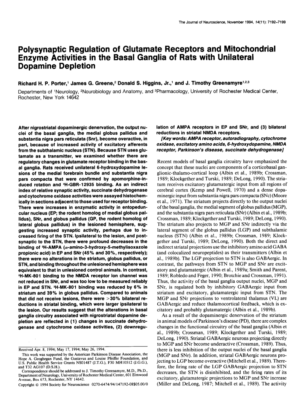 Polysynaptic Regulation of Glutamate Receptors and Mitochondrial Enzyme Activities in the Basal Ganglia of Rats with Unilateral Dopamine Depletion