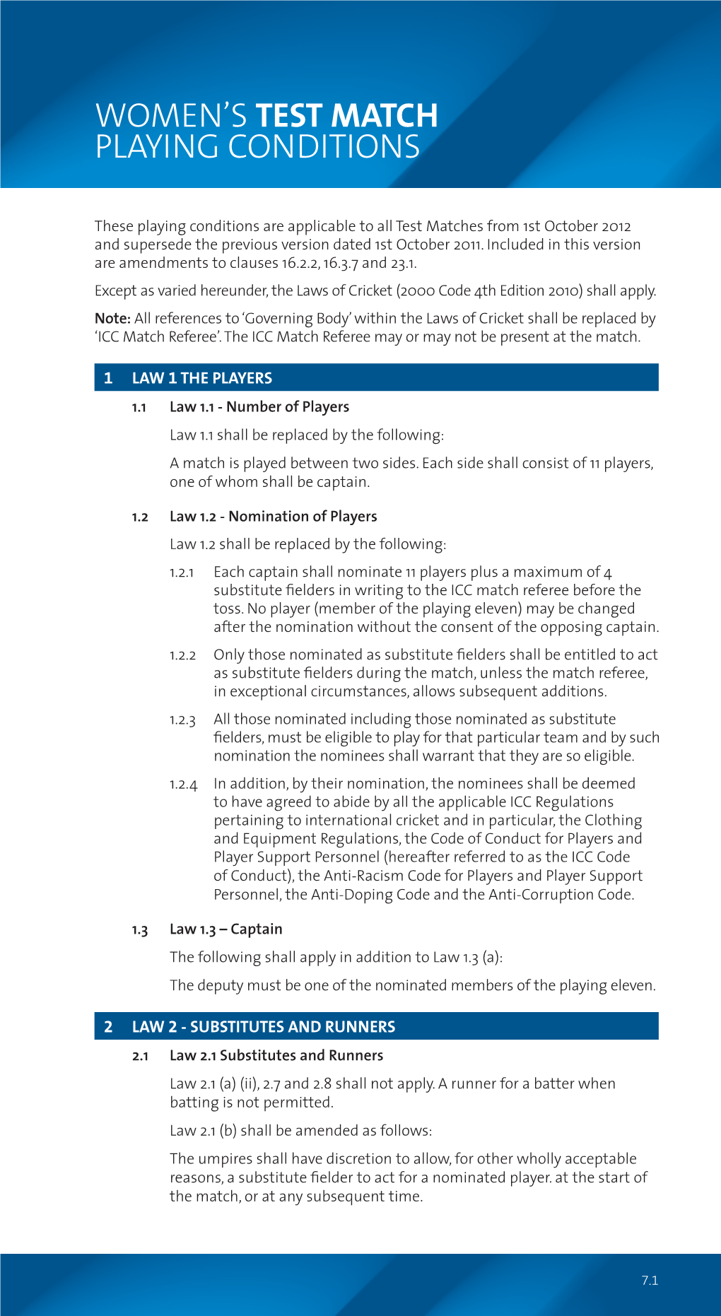 Women's Test Match Playing Conditions