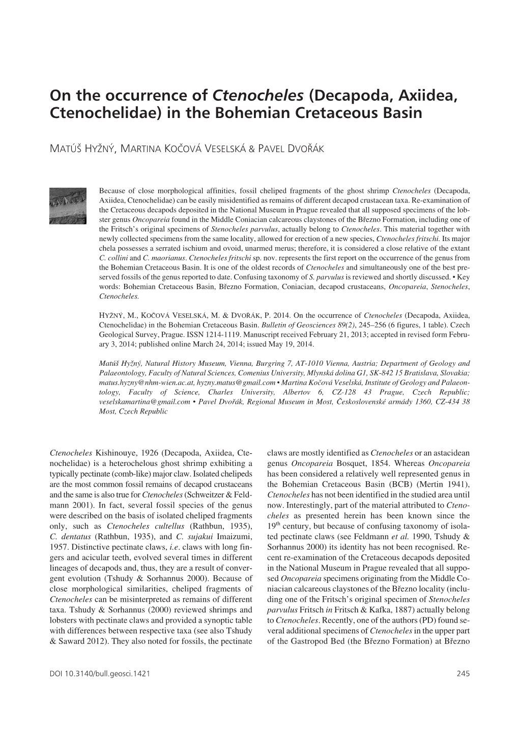 On the Occurrence of Ctenocheles (Decapoda, Axiidea, Ctenochelidae) in the Bohemian Cretaceous Basin