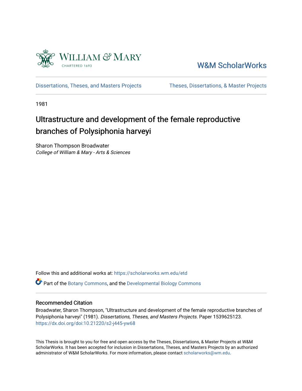 Ultrastructure and Development of the Female Reproductive Branches of Polysiphonia Harveyi