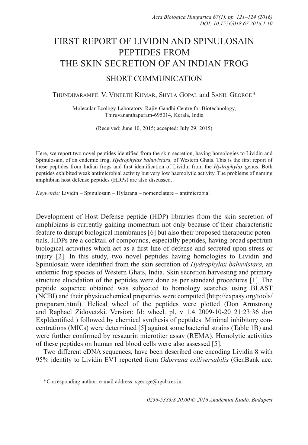 First Report of Lividin and Spinulosain Peptides from the Skin Secretion of an Indian Frog Short Communication