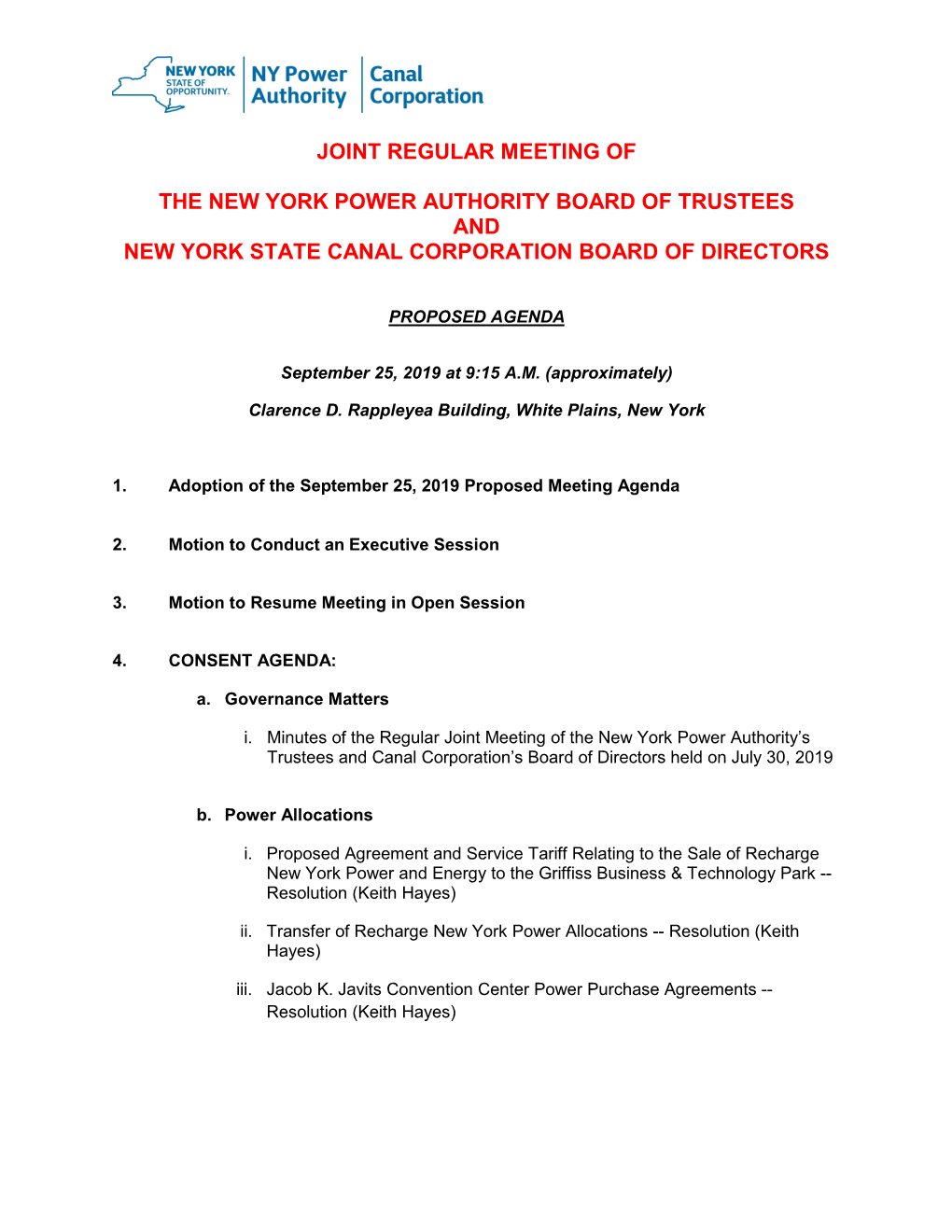 Joint Regular Meeting of the New York Power Authority Board of Trustees
