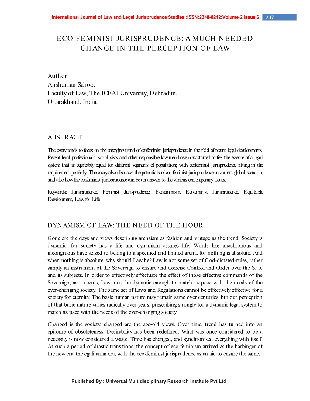 Eco-Feminist Jurisprudence: a Much Needed Change in the Perception of Law