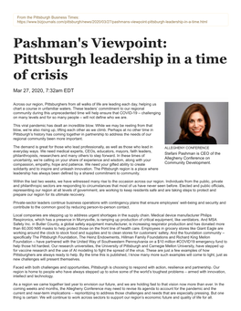 Pashman's Viewpoint: Pittsburgh Leadership in a Time of Crisis