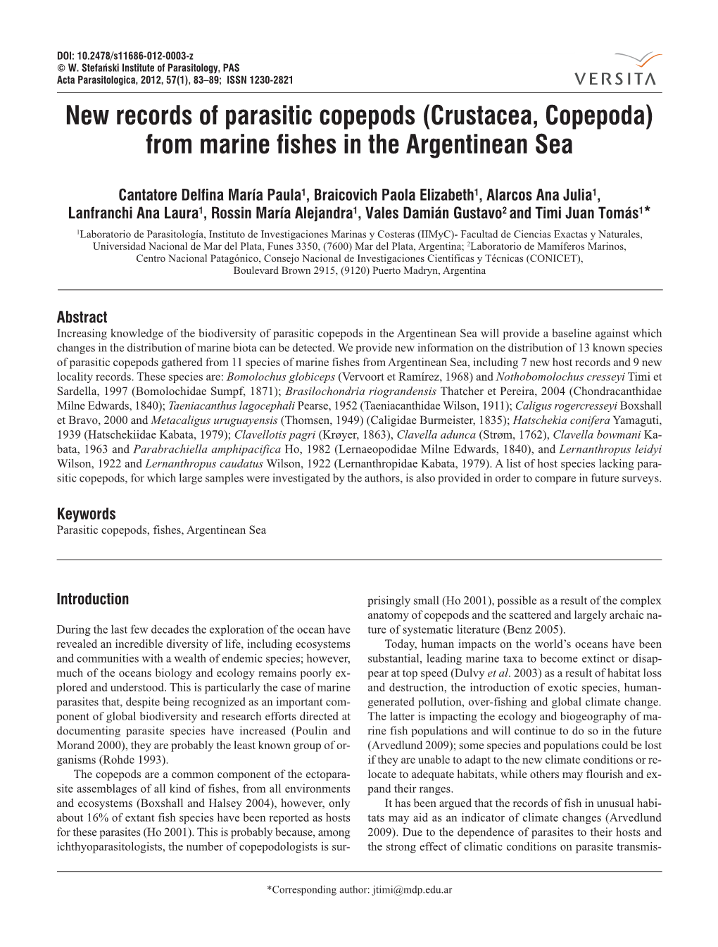 New Records of Parasitic Copepods (Crustacea, Copepoda) from Marine Fishes in the Argentinean Sea