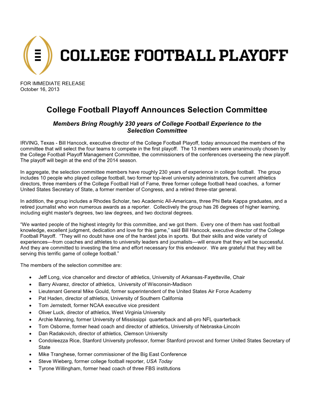 College Football Playoff Announces Selection Committee