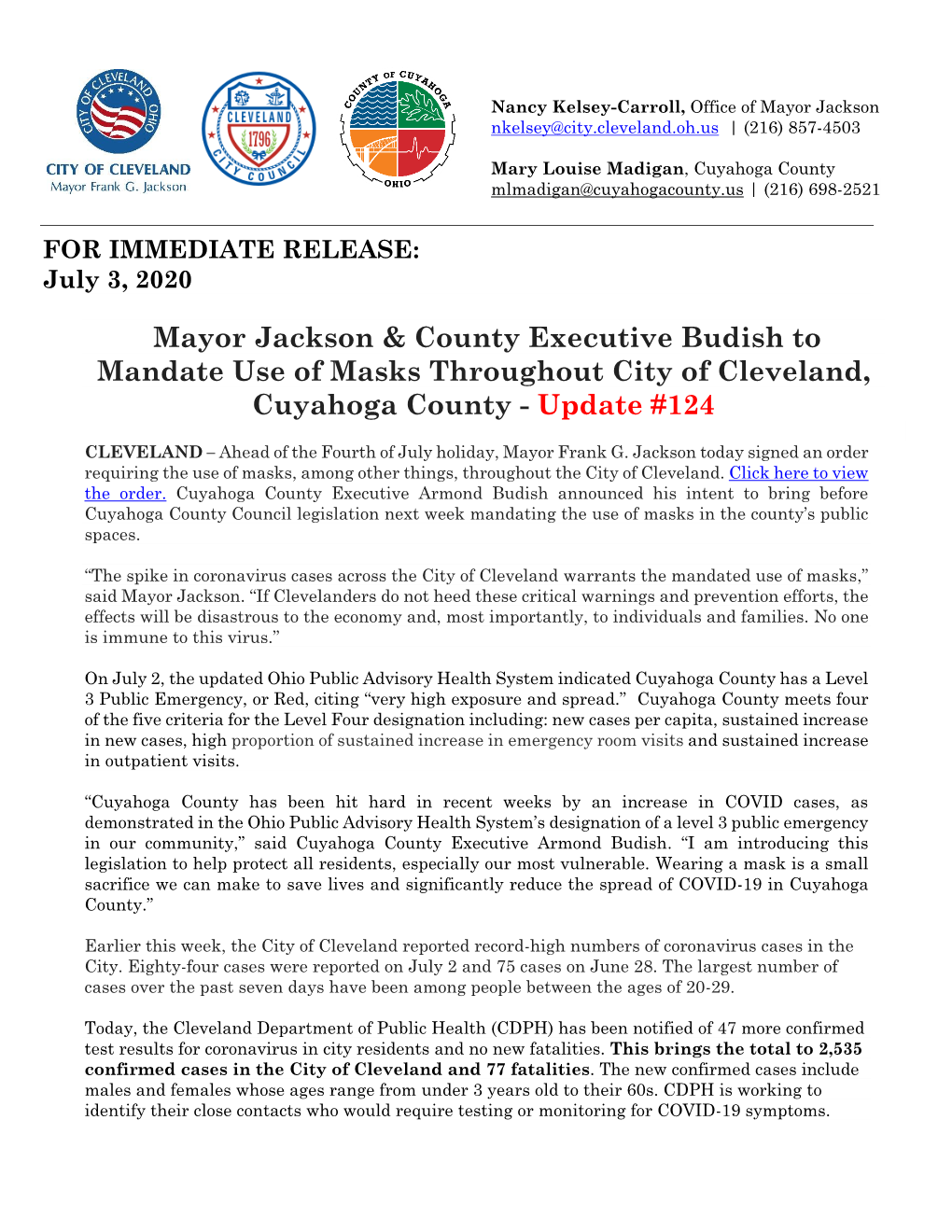 Mayor Jackson & County Executive Budish to Mandate Use of Masks