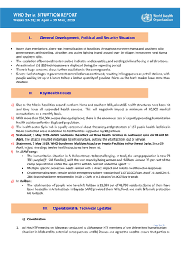 WHO Syria: SITUATION REPORT Weeks 17-18; 26 April – 09 May, 2019