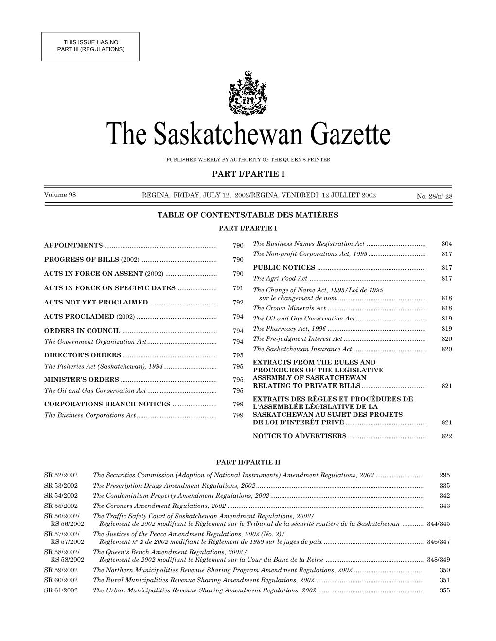 Sask Gazette, Part I, Jul 12, 2002