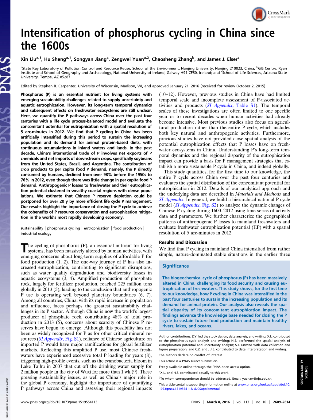 Intensification of Phosphorus Cycling in China Since the 1600S