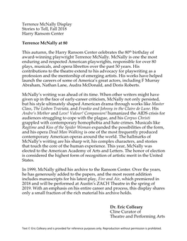 Full Exhibit Label Text for Terrence Mcnally at 80