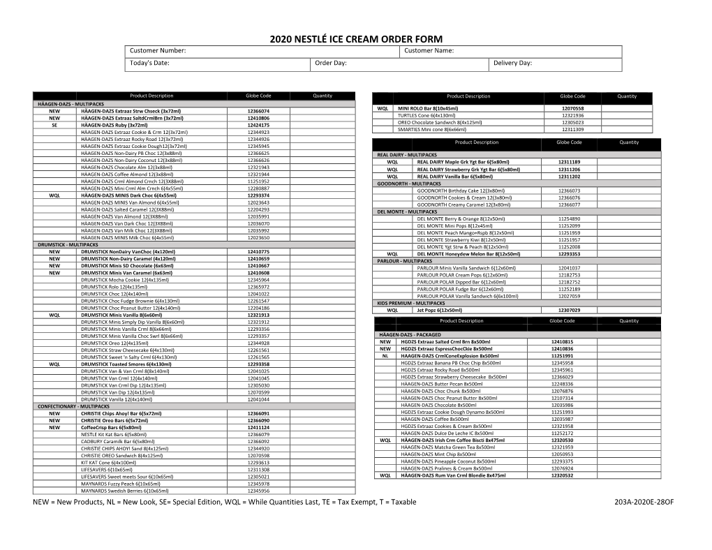 2020 NESTLÉ ICE CREAM ORDER FORM Customer Number: Customer Name: Today's Date: Order Day: Delivery Day