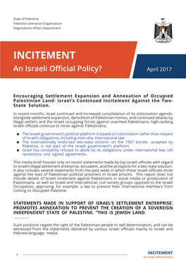 INCITEMENT an Israeli Official Policy? April 2017