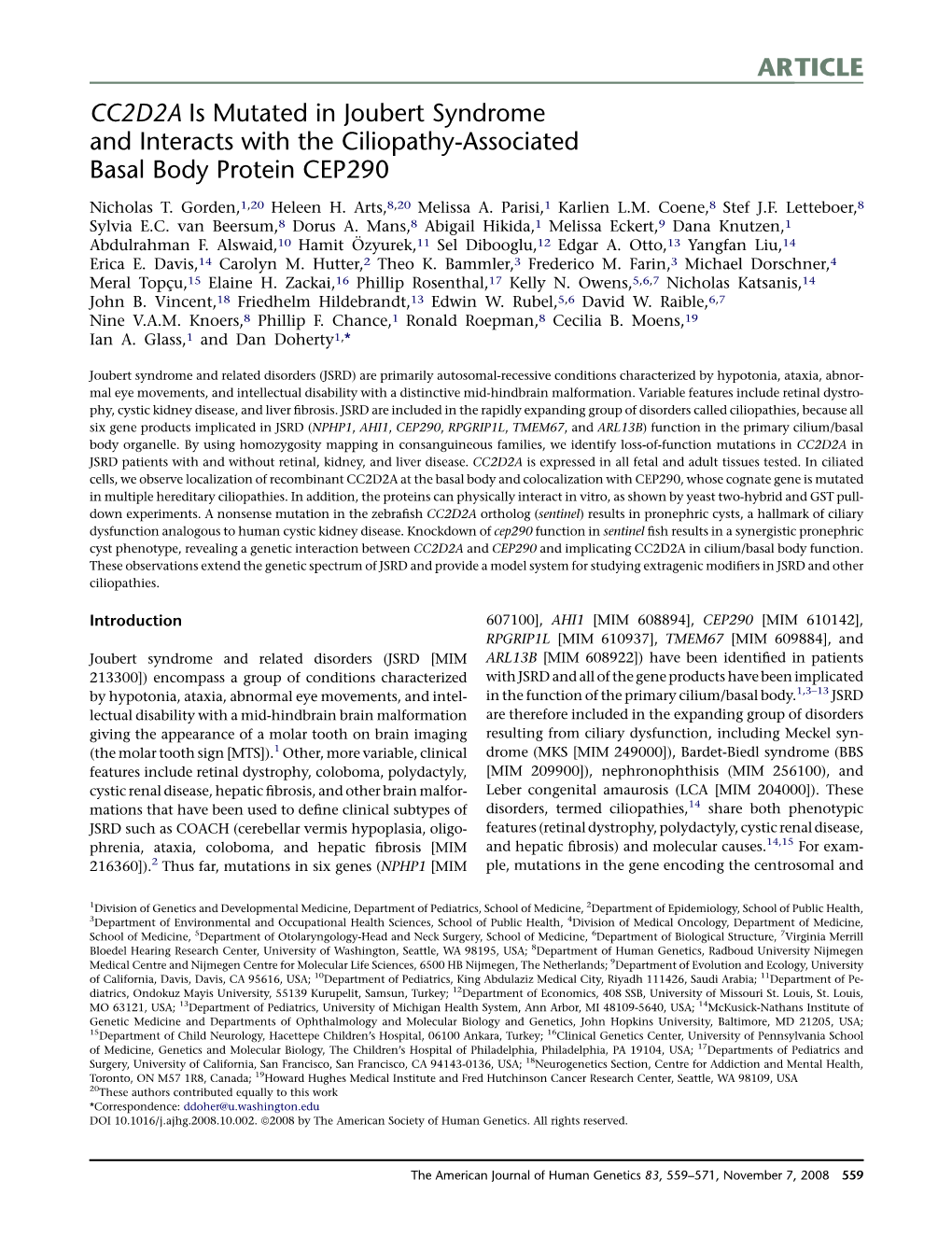CC2D2A Is Mutated in Joubert Syndrome and Interacts with the Ciliopathy-Associated Basal Body Protein CEP290