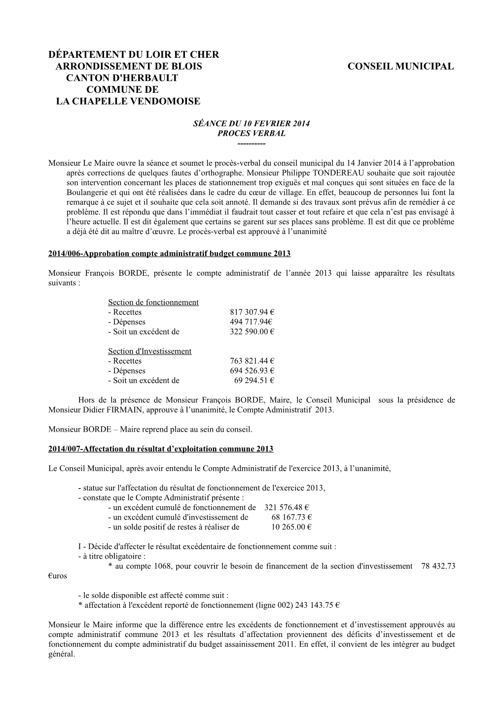 Département Du Loir Et Cher Arrondissement De Blois Conseil Municipal Canton D'herbault Commune De La Chapelle Vendomoise