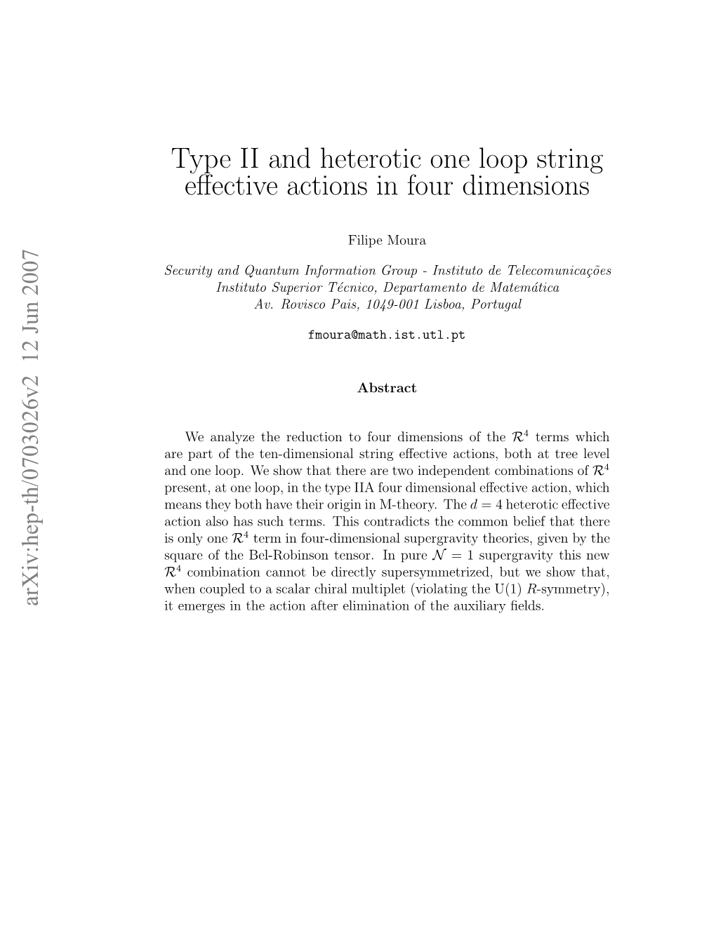 type-ii-and-heterotic-one-loop-string-effective-actions-in-four