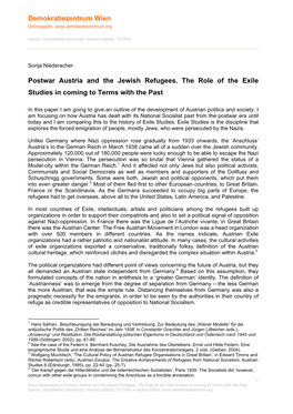 Postwar Austria and the Jewish Refugees. the Role of the Exile Studies in Coming to Terms with the Past