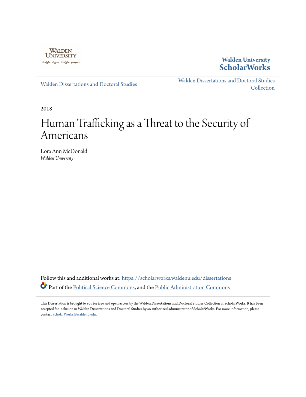 Human Trafficking As a Threat to the Security of Americans Lora Ann Mcdonald Walden University