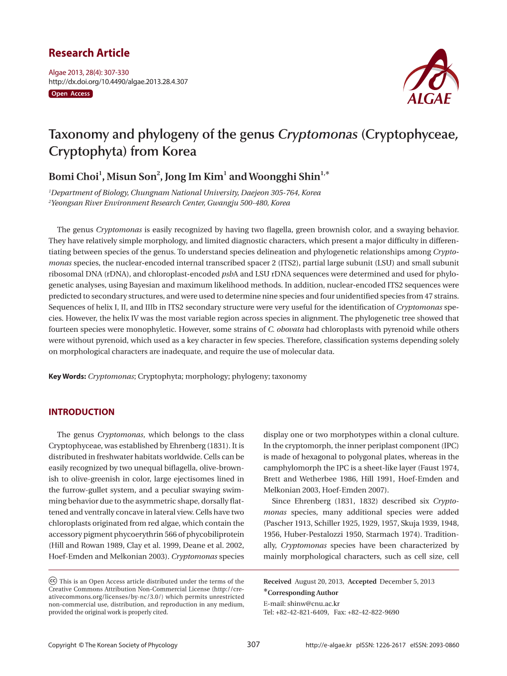Taxonomy and Phylogeny of the Genus Cryptomonas (Cryptophyceae, Cryptophyta) from Korea