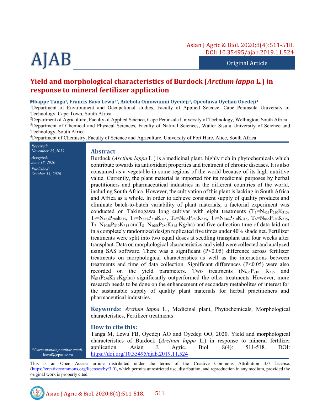 Yield and Morphological Characteristics of Burdock (Arctium Lappa L.) in Response to Mineral Fertilizer Application