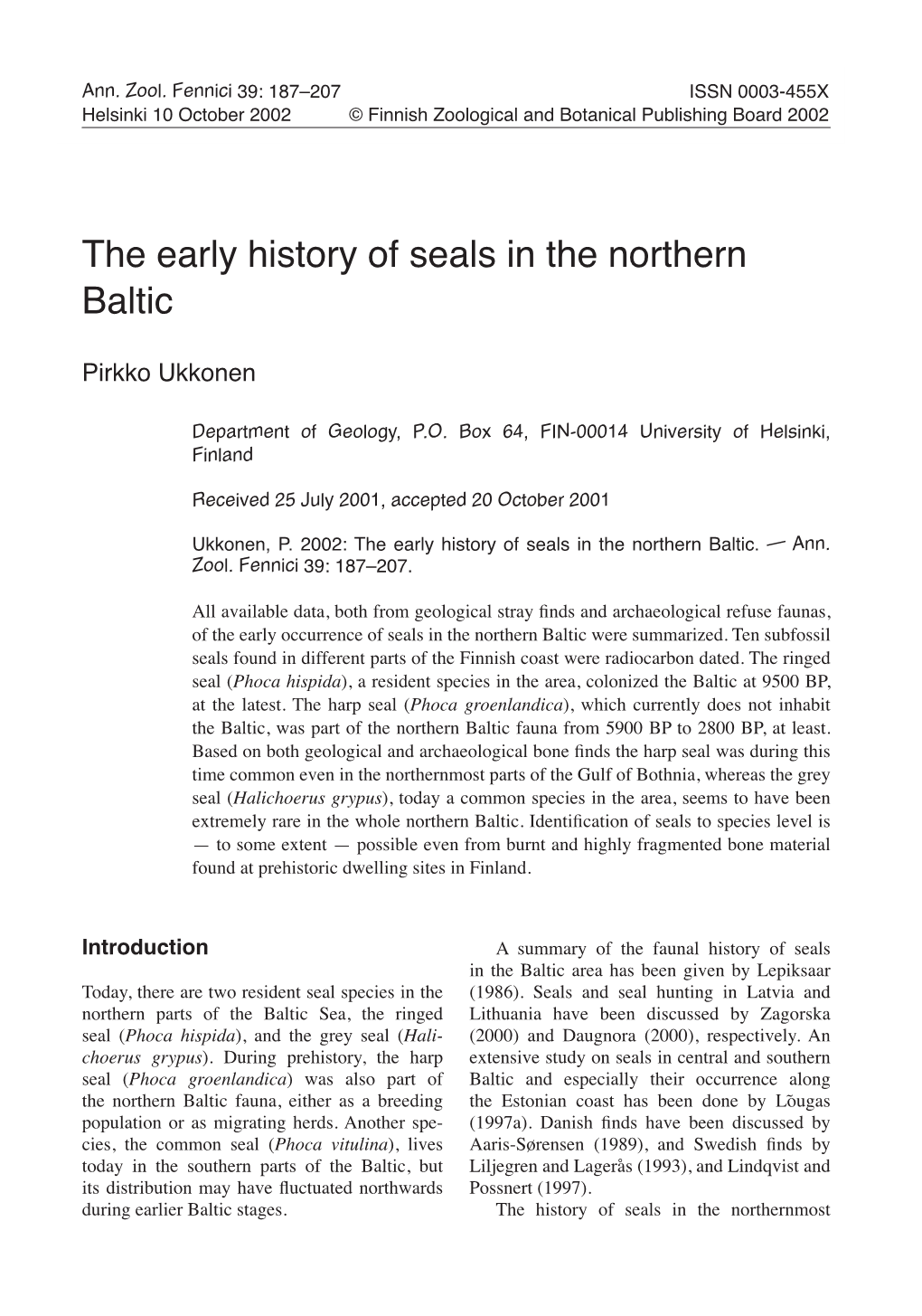 The Early History of Seals in the Northern Baltic