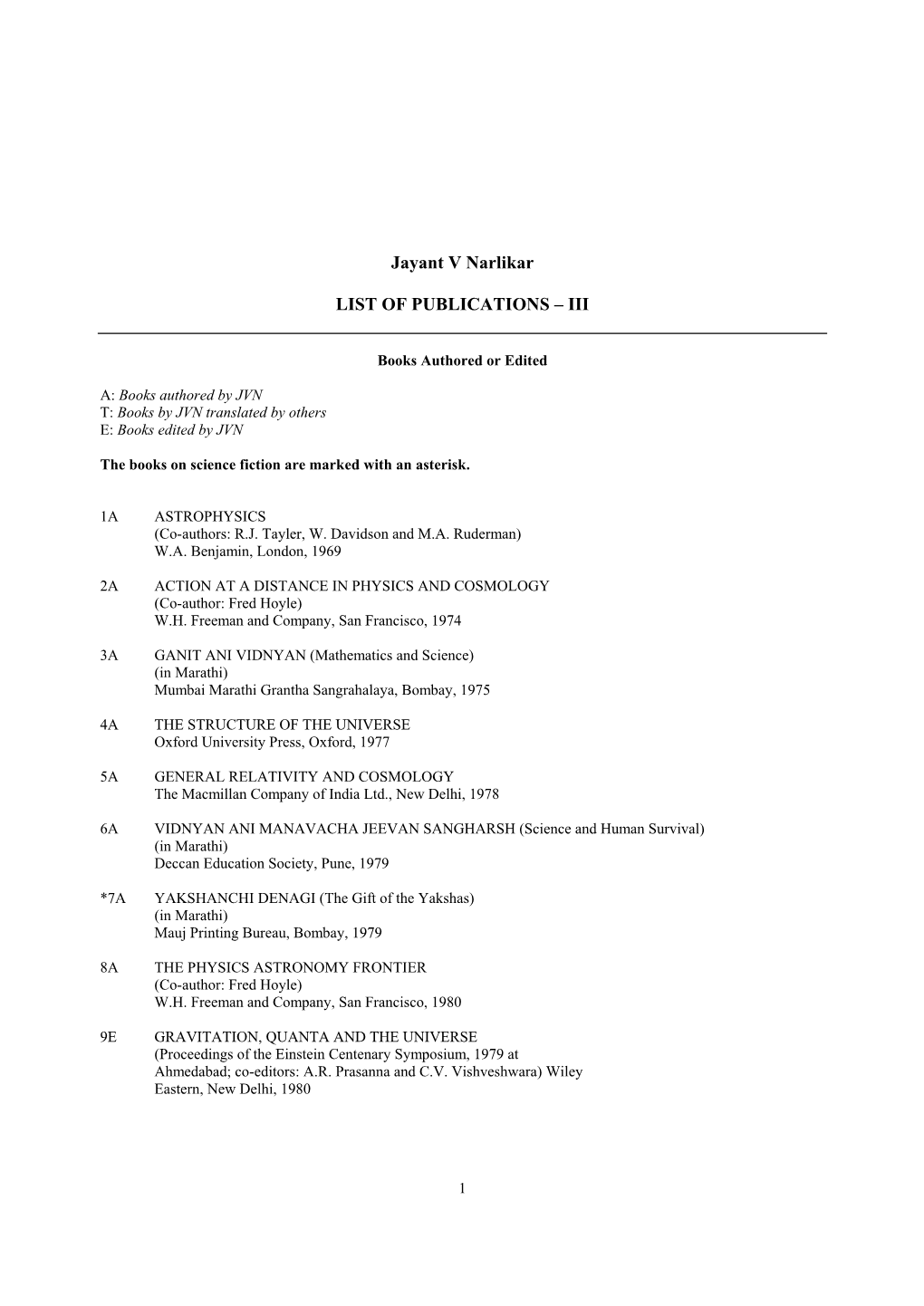 Jayant V Narlikar LIST of PUBLICATIONS –