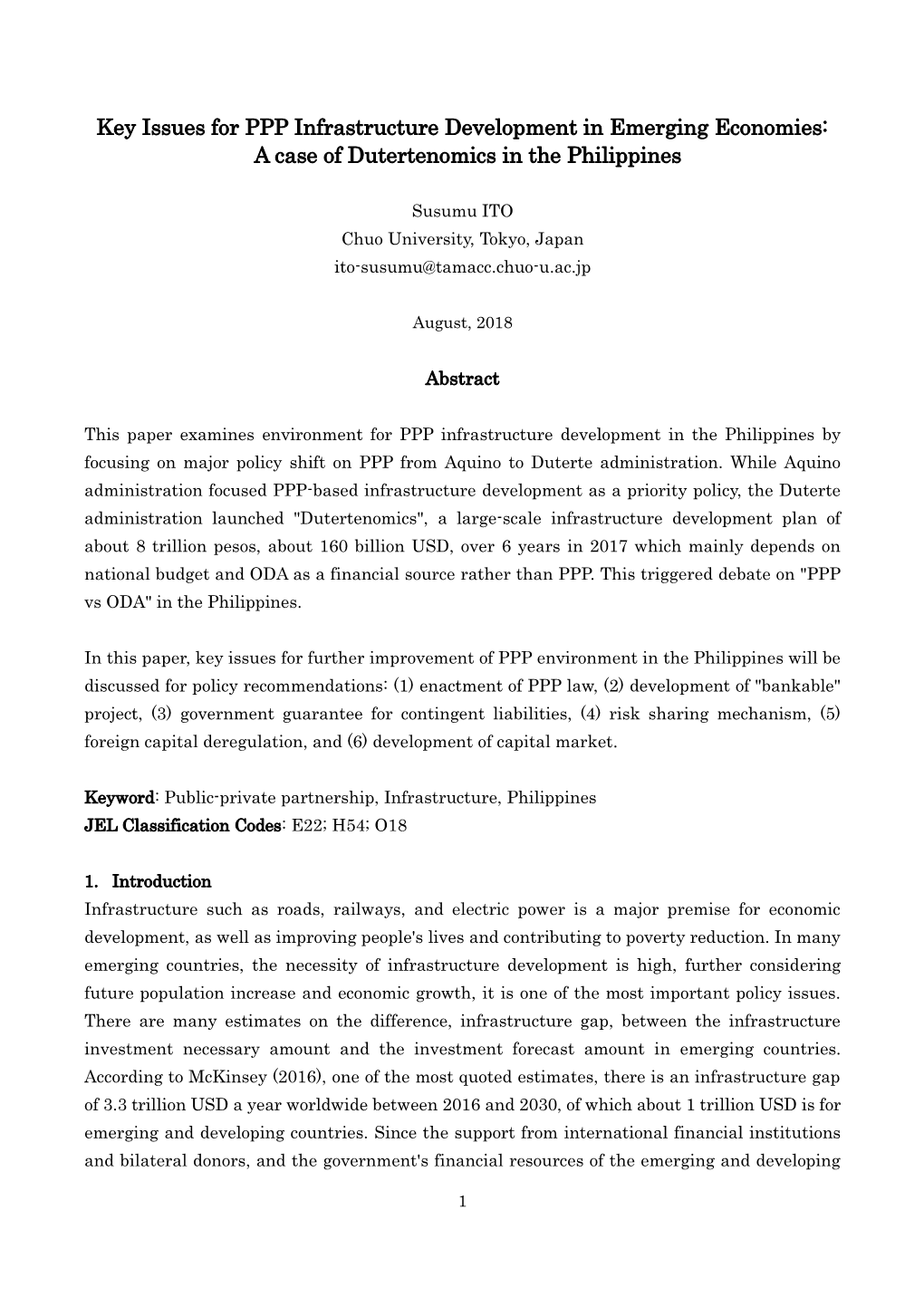 Key Issues for PPP Infrastructure Development in Emerging Economies: a Case of Dutertenomics in the Philippines