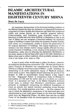 ISLAMIC ARCHITECTURAL MANIFESTATIONS in EIGHTEENTH CENTURY MDINA Denis De Lucca
