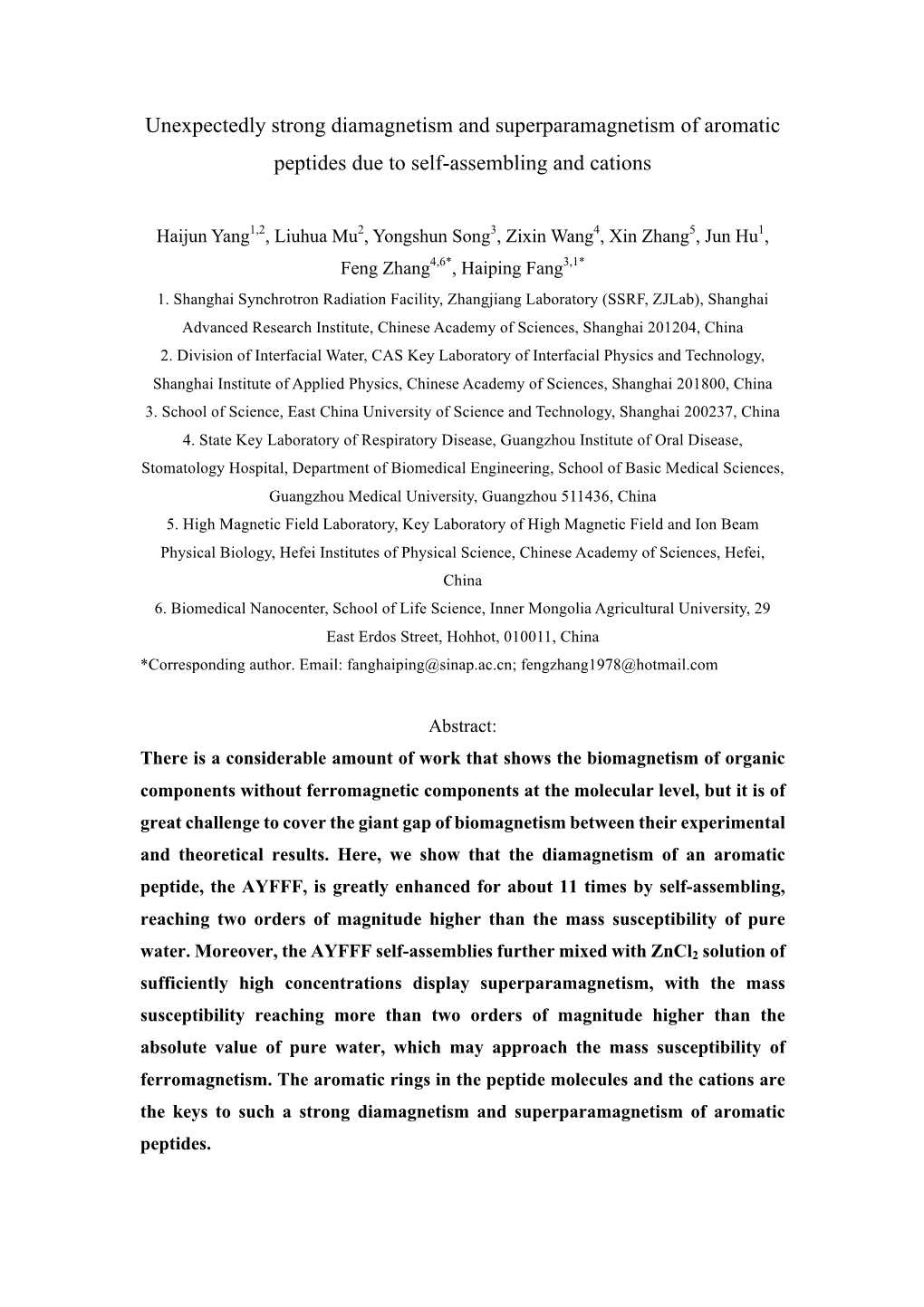 Unexpectedly Strong Diamagnetism and Superparamagnetism of Aromatic Peptides Due to Self-Assembling and Cations