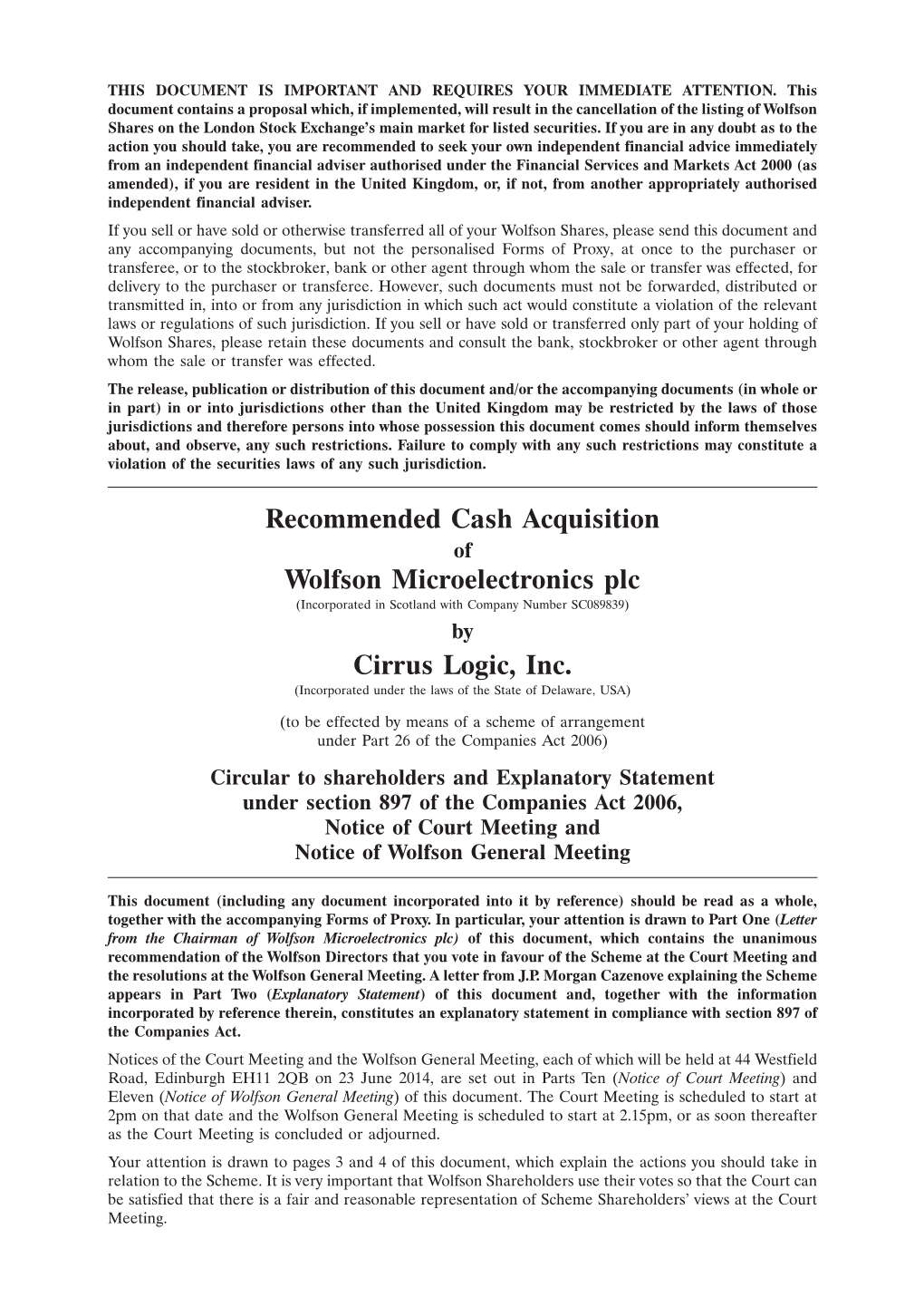 Recommended Cash Acquisition Wolfson Microelectronics Plc Cirrus