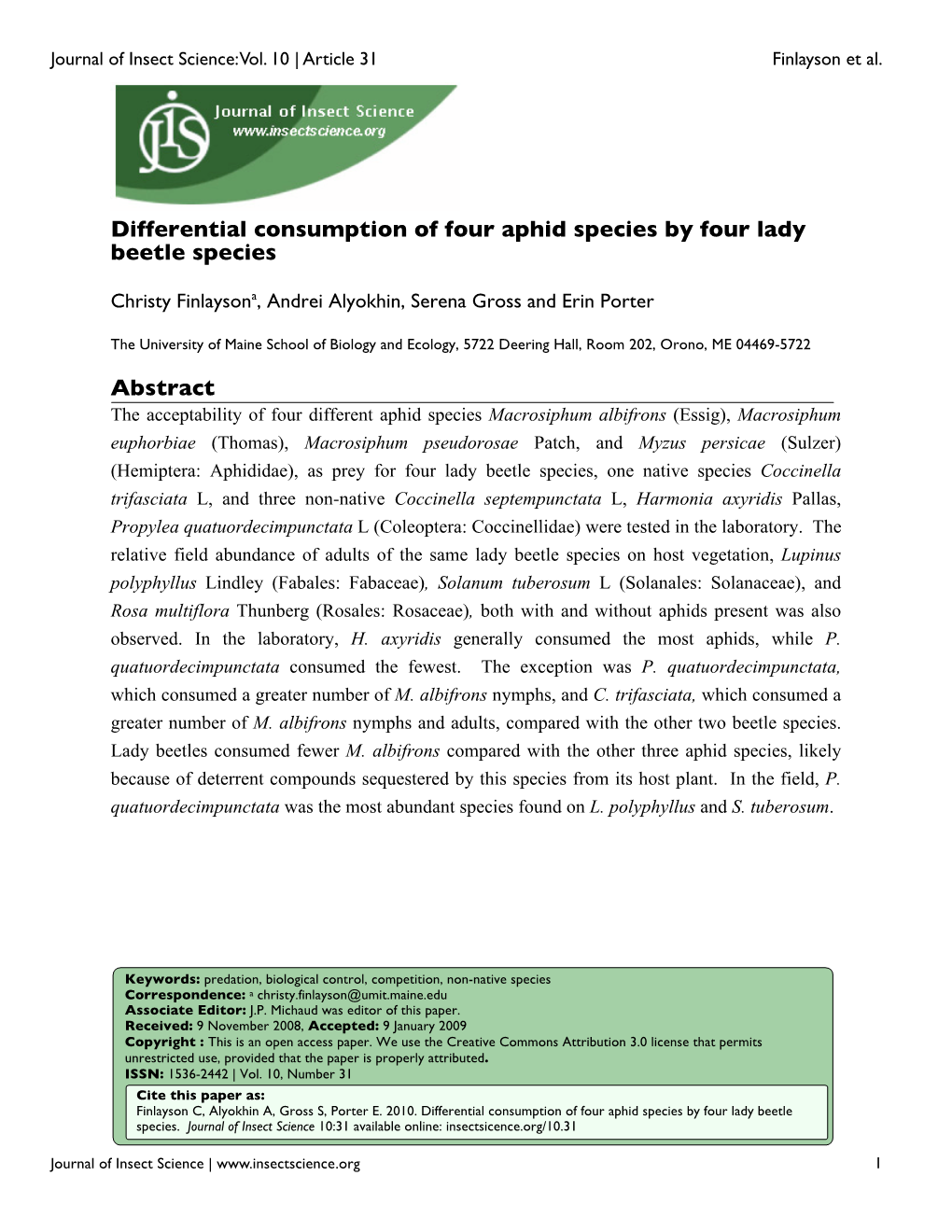Differential Consumption of Four Aphid Species by Four Lady Beetle Species Abstract
