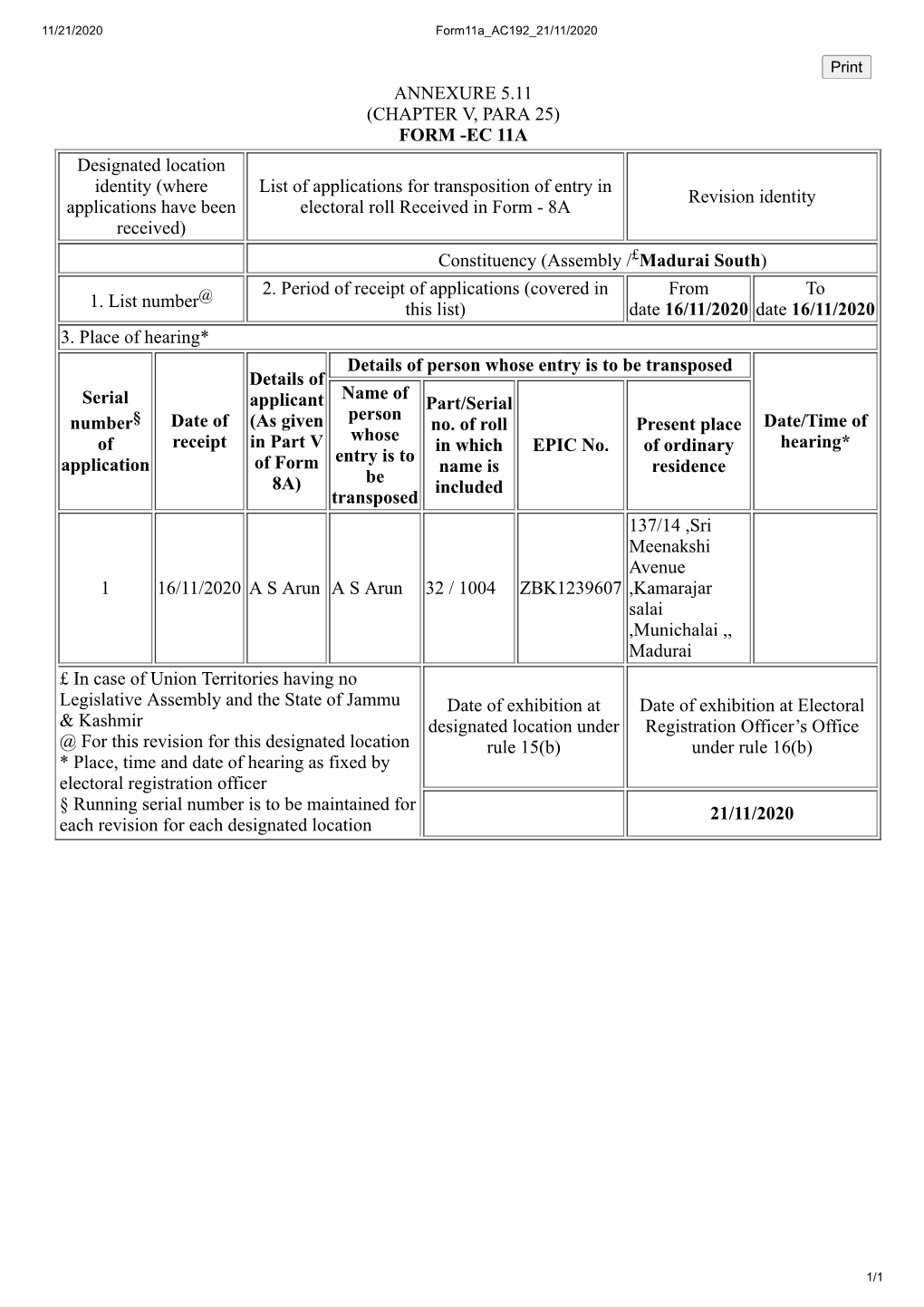 ANNEXURE 5.11 (CHAPTER V, PARA 25) FORM -EC 11A Designated Location Identity (Where Applications Have Been Received) List Of