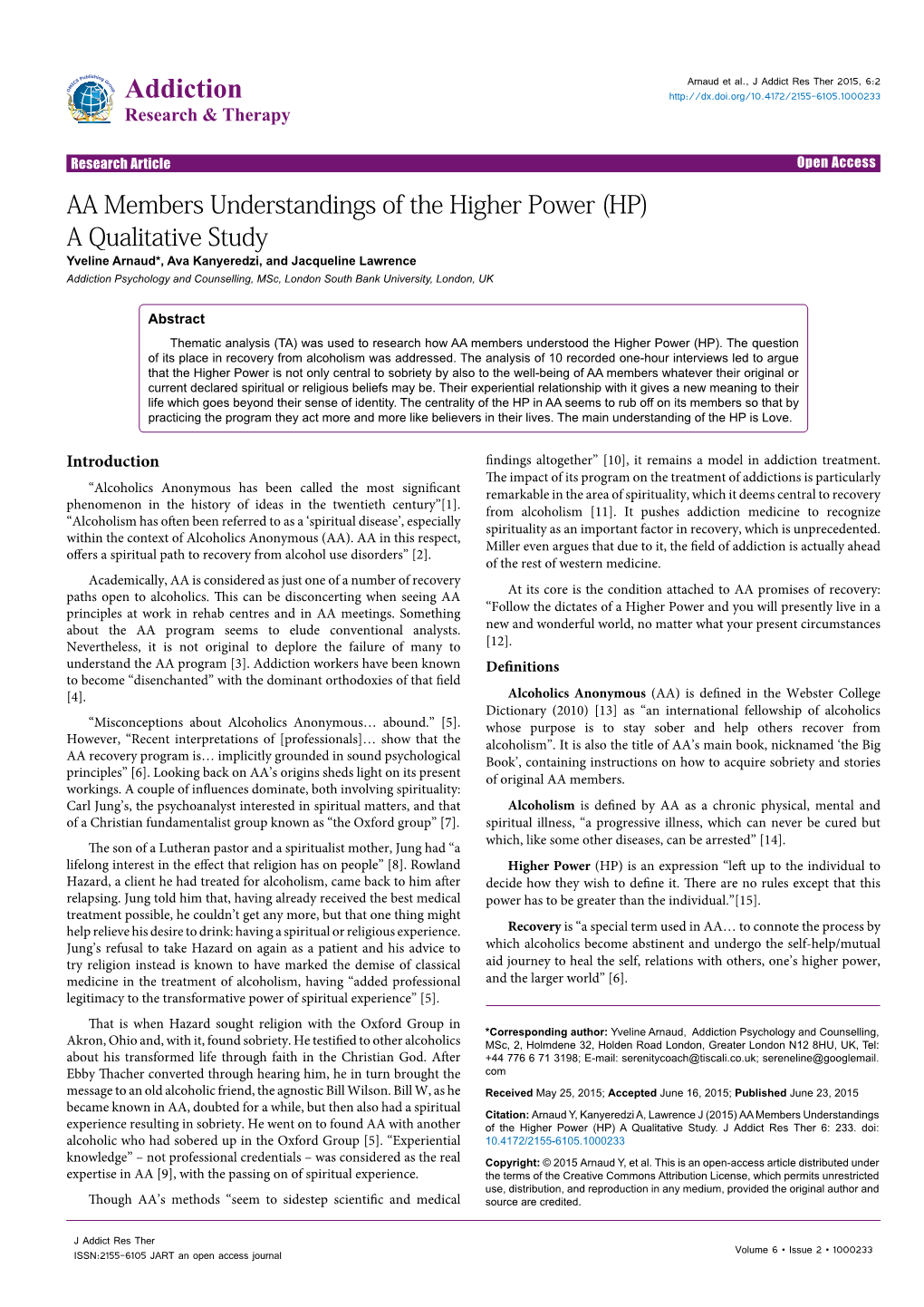 AA Members Understandings of the Higher Power (HP)