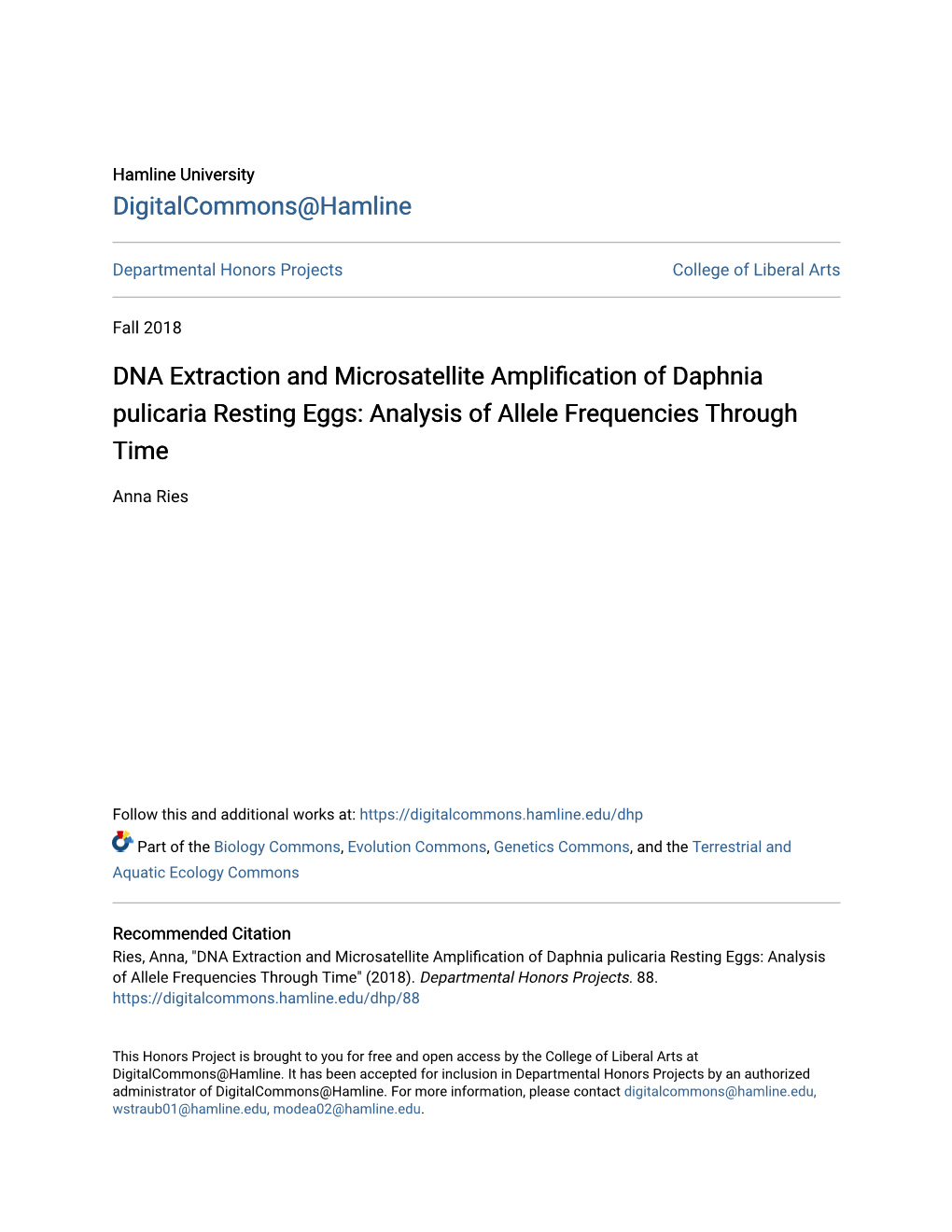 DNA Extraction and Microsatellite Amplification of Daphnia Pulicaria Resting Eggs: Analysis of Allele Frequencies Through Time