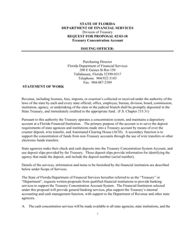 STATE of FLORIDA DEPARTMENT of FINANCIAL SERVICES Division of Treasury REQUEST for PROPOSAL 02/03-18 Treasury Concentration Account