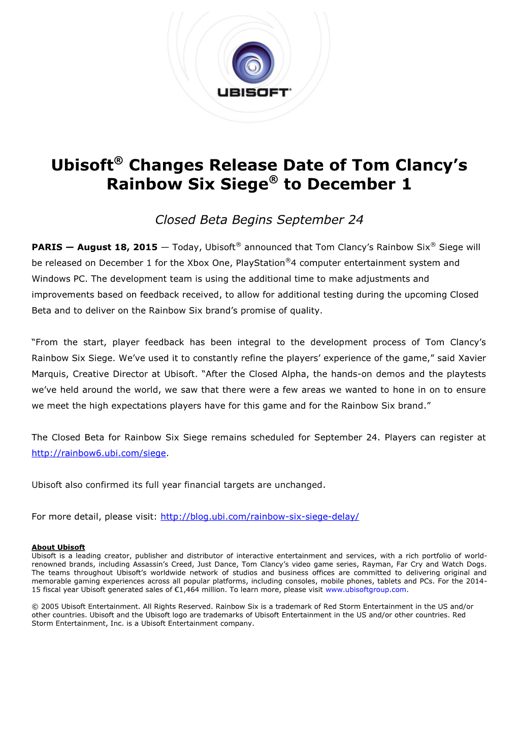 Ubisoft® Changes Release Date of Tom Clancy's Rainbow Six Siege