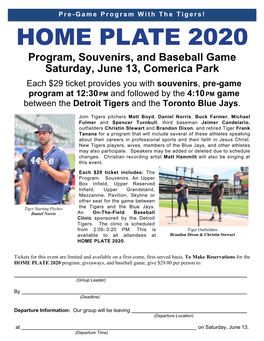 HOME PLATE 2020 Program, Souvenirs, and Baseball Game Saturday, June 13, Comerica Park