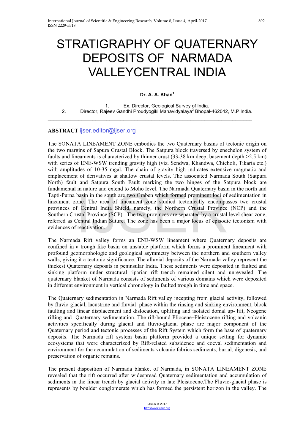 Stratigraphy of Quaternary Deposits of Narmada Valleycentral India